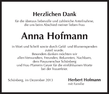 Traueranzeige von Anna Hofmann von Pegnitz-Zeitung